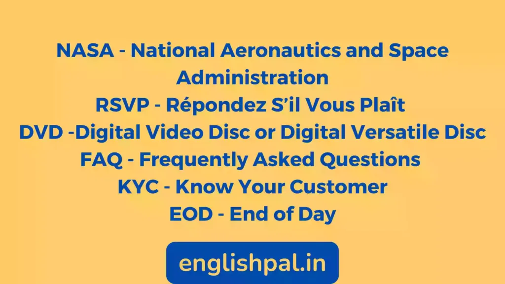 NASA, RSVP, DVD, FAQ, KYC, and EOD meaning in Tamil